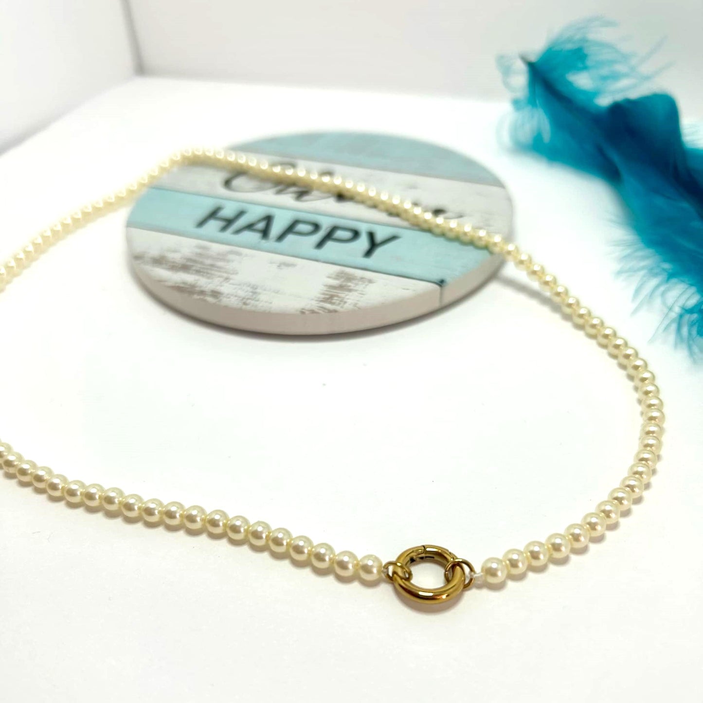 18" Glass Pearl Necklace with Stainless Steel Charm Keeper