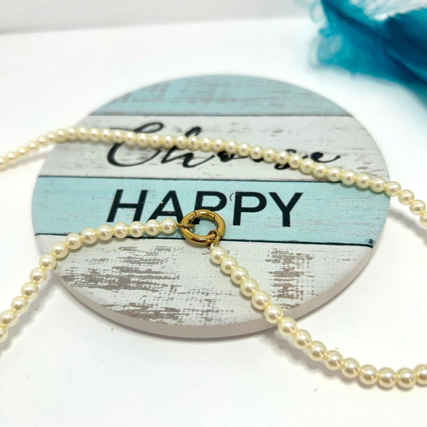 18" Glass Pearl Necklace with Stainless Steel Charm Keeper
