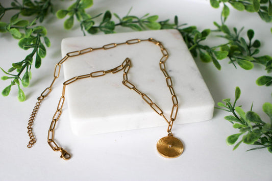 Sunburst Medallion CZ Paperclip Necklace