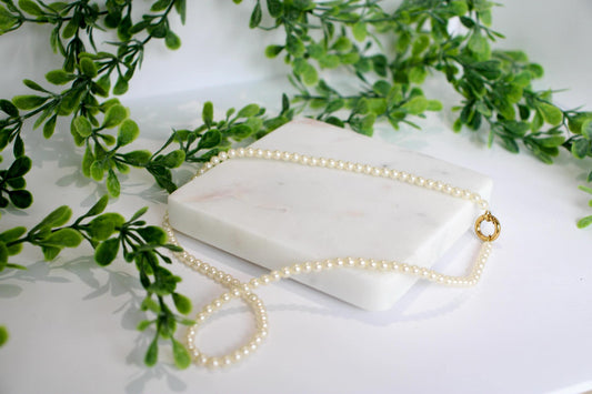 18" Glass Pearl Necklace with Stainless Steel Charm Keeper