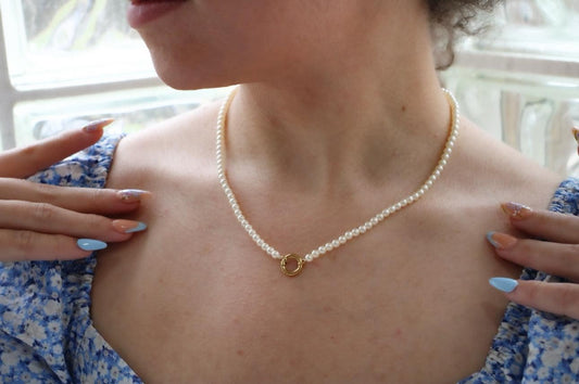 18" Glass Pearl Necklace with Stainless Steel Charm Keeper